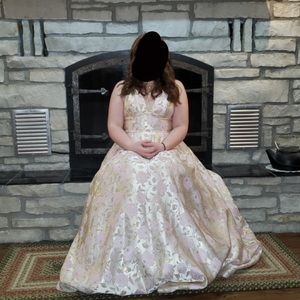 long glittery, gold, pink, and ball gown dress from Windsor